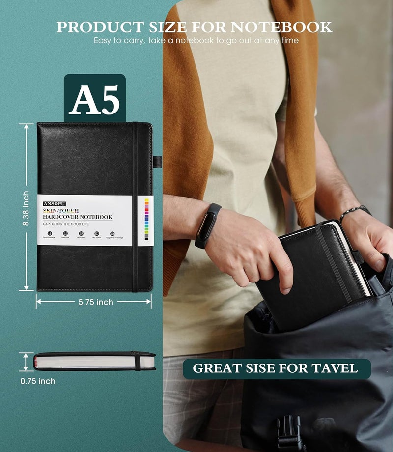 Ansopu Lined Journal Notebook for Writing, A5 100 GSM Thick Paper, Leather Hardcover Journal for Woman Men, Travel Journal Diary 160 Pages(5.75'' X 8.38'' Black) - Image 4